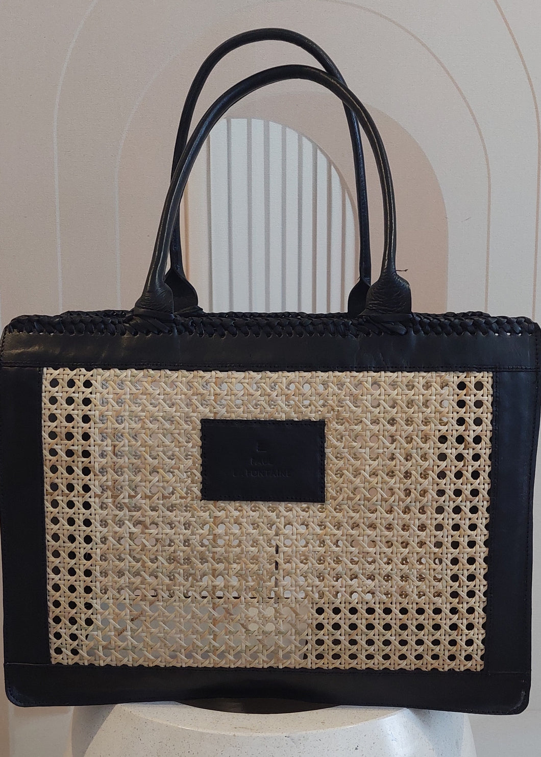 Leather Trim Rattan Handbag