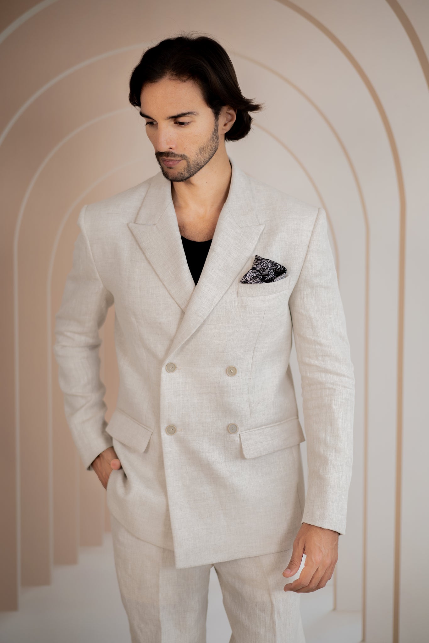 Double breasted discount white linen suit