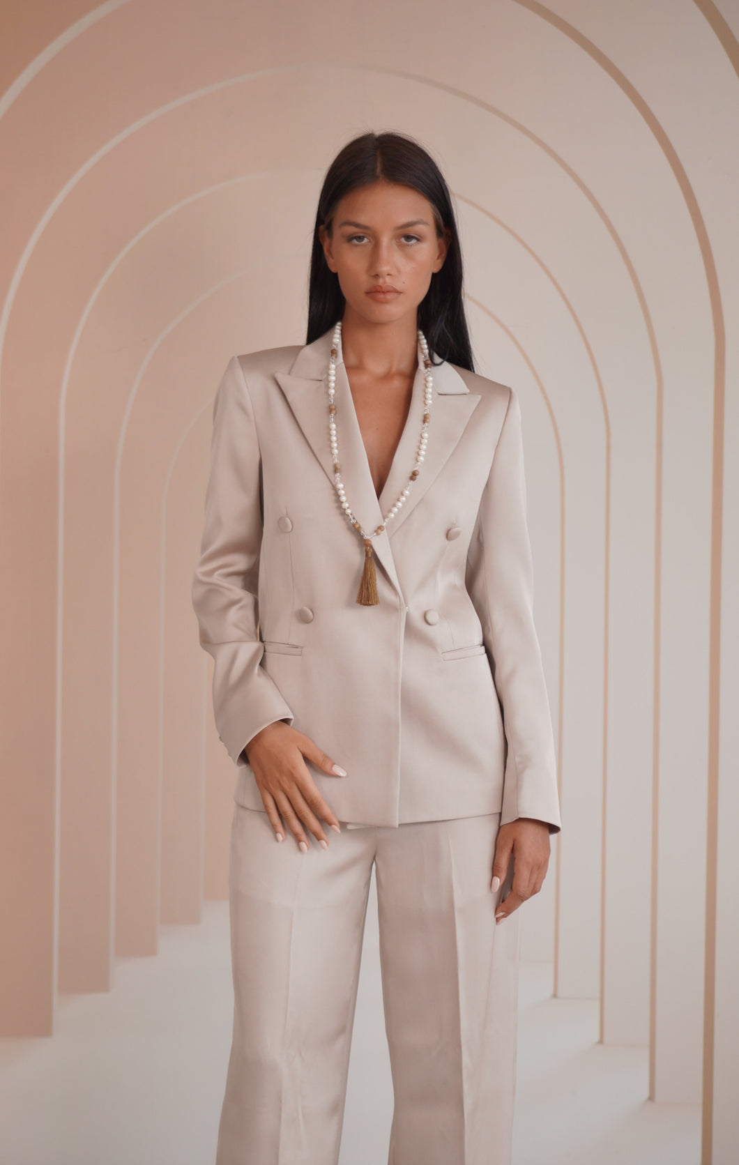 Womens Tailored Satin Double Breasted Suit